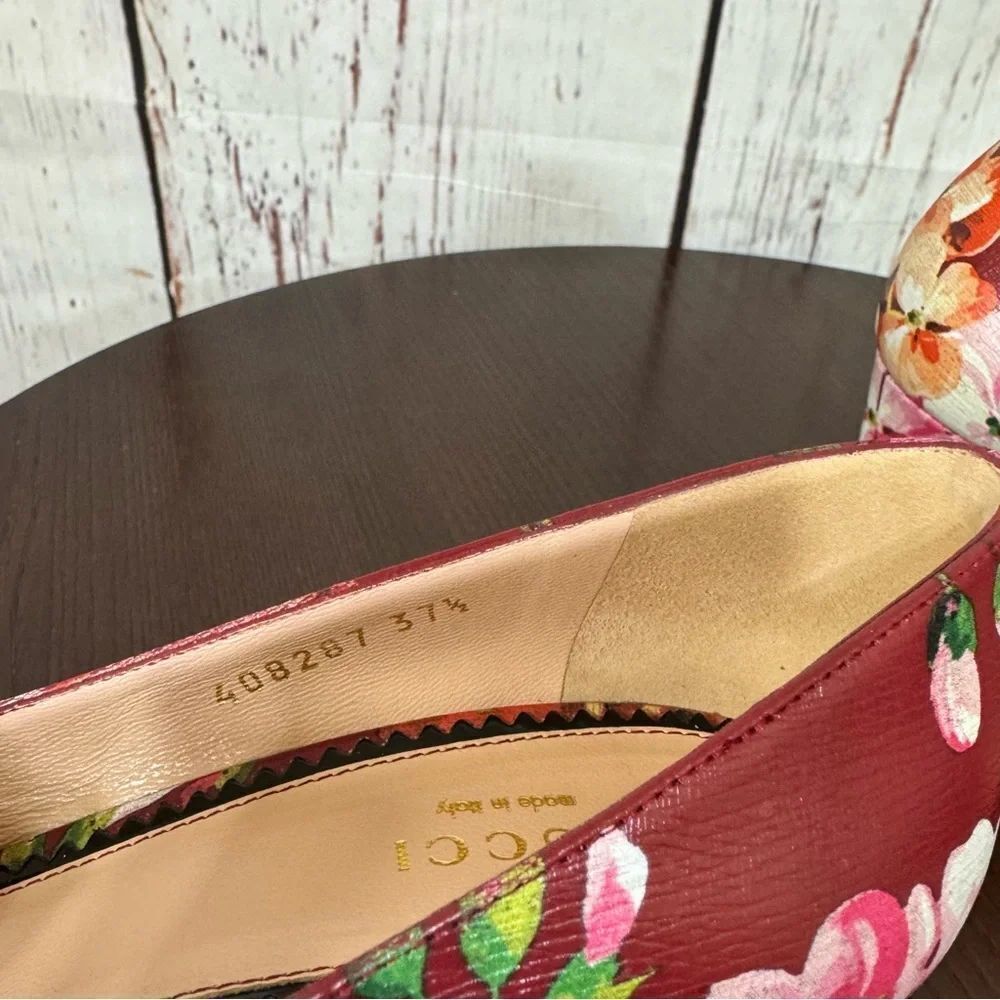 GUCCI BLOOM women’s Napa leather Red Floral 3” Heels Round Toe in size 37.5 - Picture 10 of 17